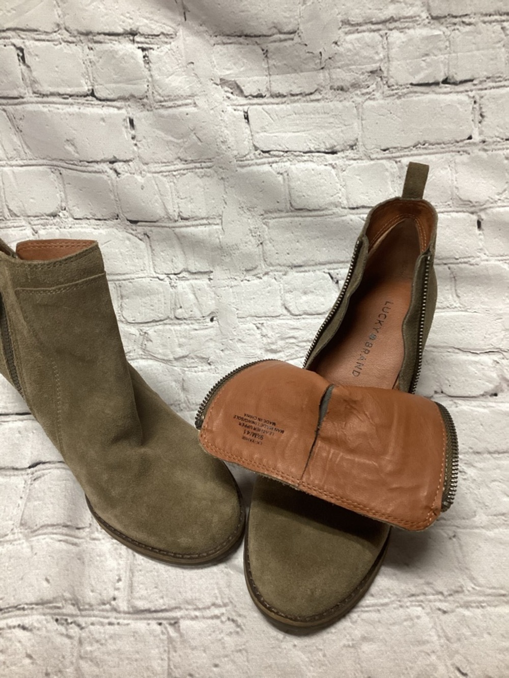 Lucky Brand Tan Suede Wedge Booties with Double Side Zip